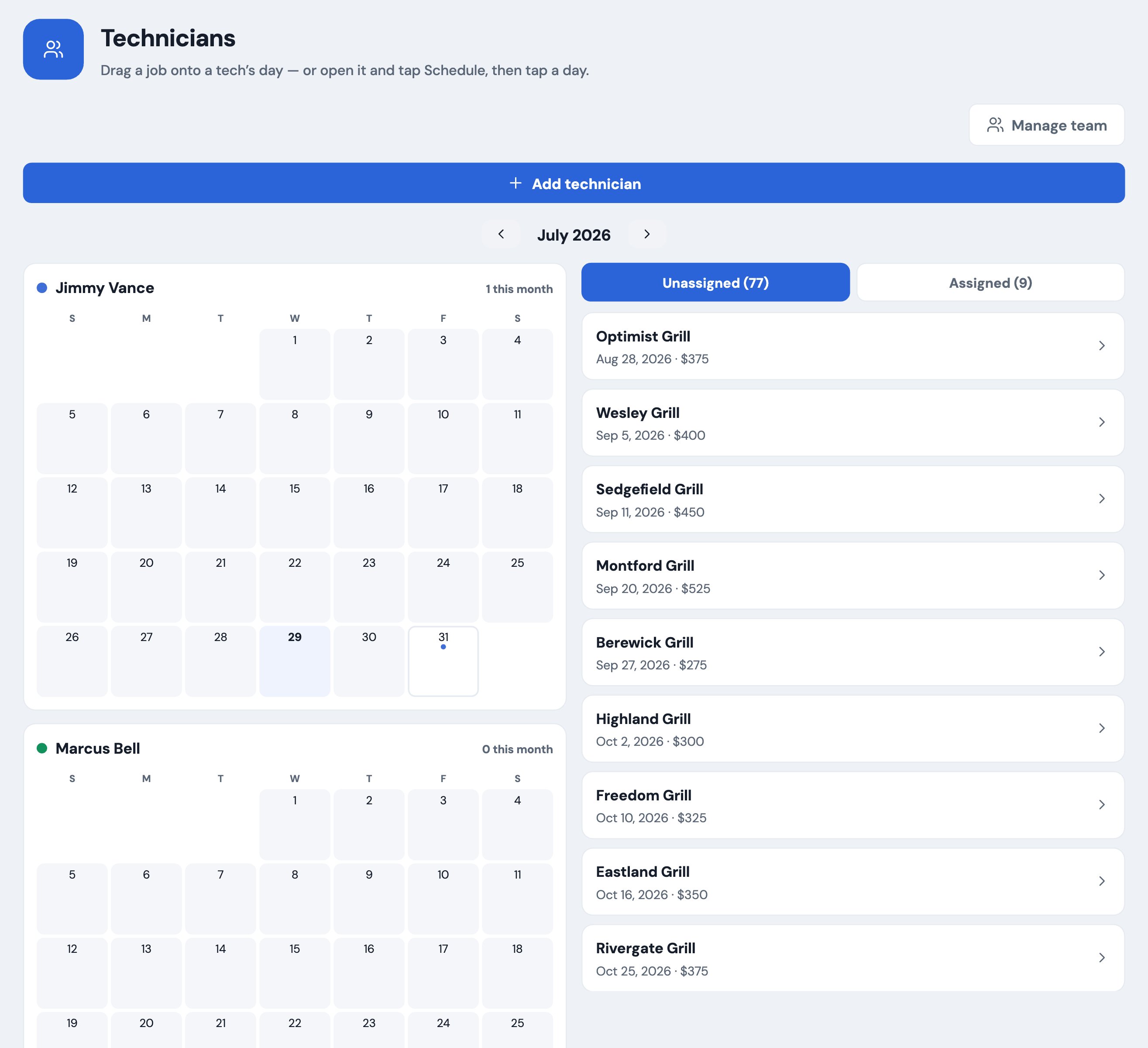 The technicians scheduling board with per-tech calendars and a draggable list of unassigned jobs