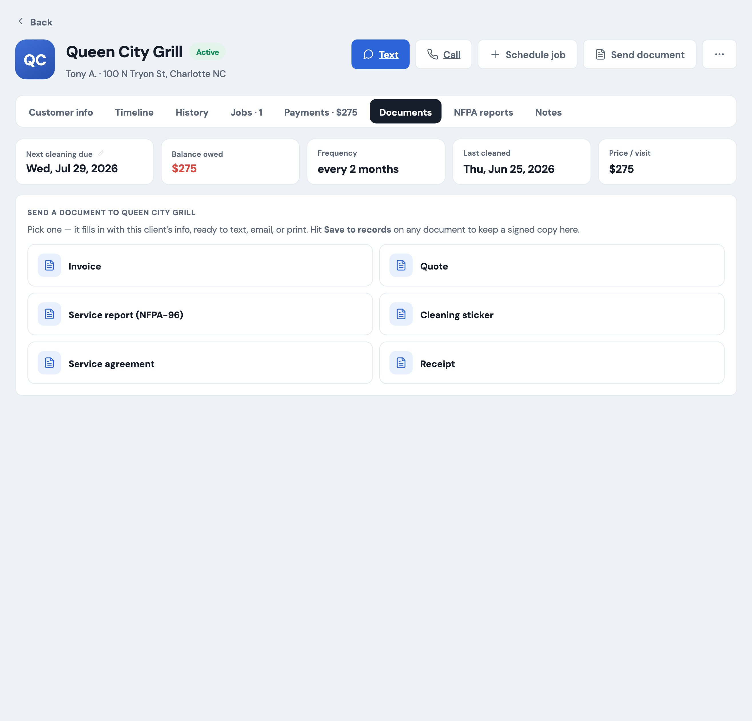 A detailed hood-cleaning customer record with access codes, cooking type, contacts and compliance status