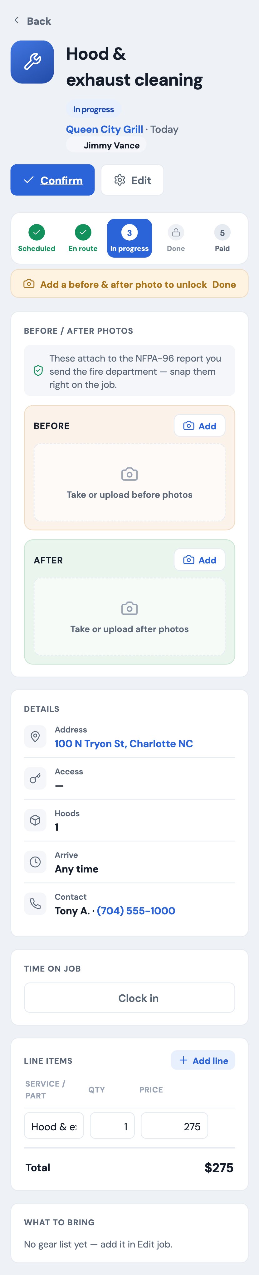 A single job with before and after photos, on a phone