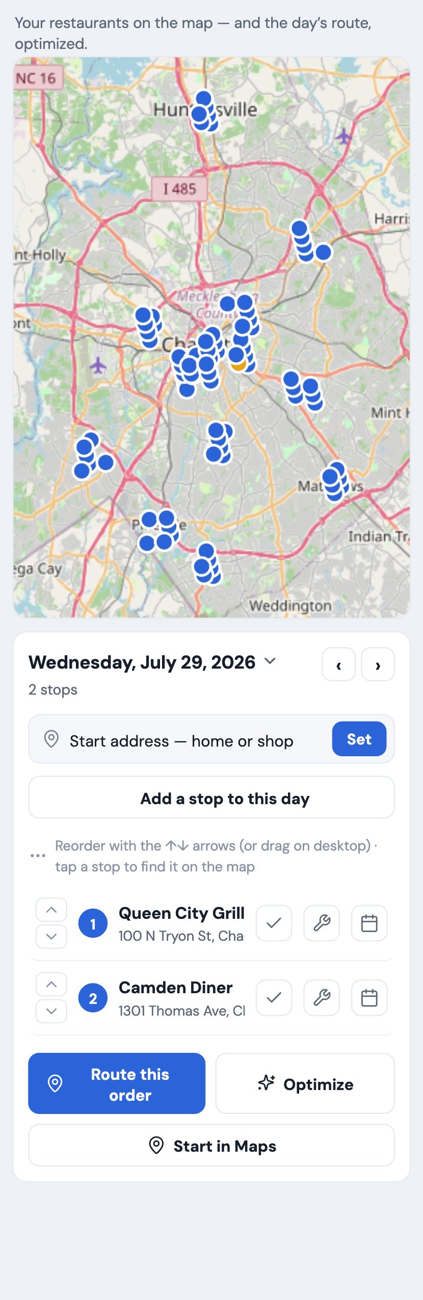 Restaurants on a map with the day's route, on a phone