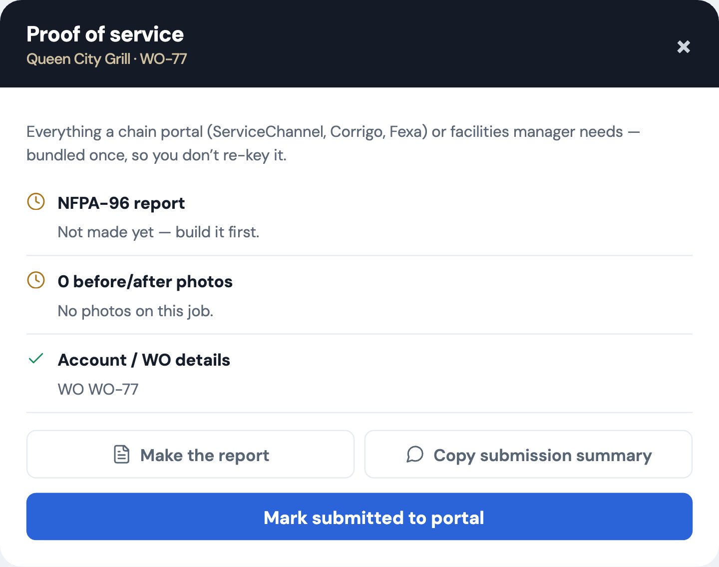 A proof-of-service package bundling report, photos and certificate for chain portals